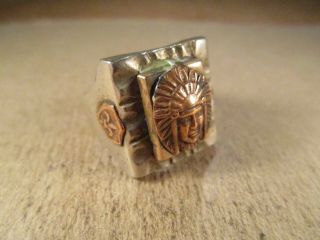 Vtg Mexican Biker Ring,  Aztec Warrior/fleur De Lis,  Size 9.  75,  18.  4g