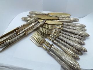 Art Deco 800 Silver Argento Italy Solingen Gold Blade Lunch Forks Knives Set 12