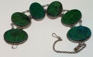 Vintage 925 Solid Silver And Chunky Aqua Chrysocolla Cabochon Panel Bracelet