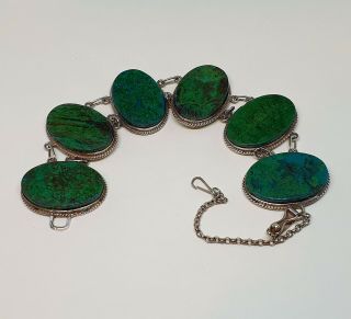Vintage 925 Solid Silver and Chunky Aqua Chrysocolla Cabochon Panel Bracelet 6