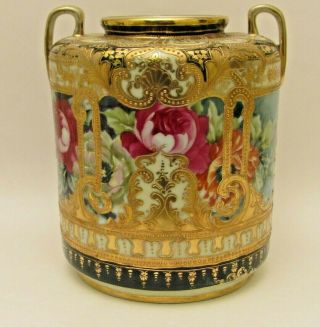 Large Antique Hand Painted Nippon Roses Vase Heavy Gold Trim 1900
