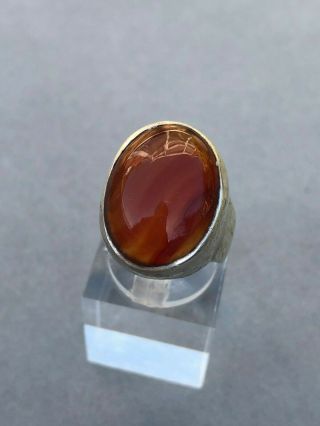 Hallmarked Silver Ring,  Banded Deep Red Orange Agate,  Vintage,  Uk Size L Us 6