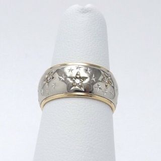 Vintage 14k Two Tone Gold Art Carved Diamond Stars 8.  5mm Wedding Band Ring Sz 5