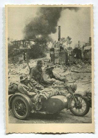 German Wwii Archive Photo: Motorcycle Unit In Ruined Village