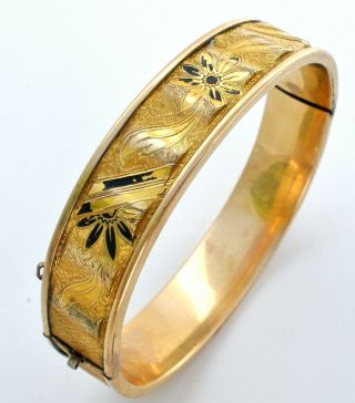 Antique 10k Gold Filled Bangle Bracelet S.  O.  Bigney Black Enamel Flowers Hinged