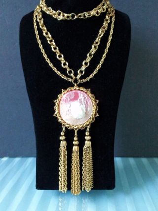 Runway Statement Vintage Cameo Necklace Pendant Brooch Gold Tone Tassel Chain