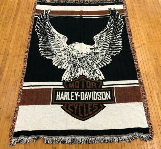 Vintage 66 " Harley Davidson Logo Flying Eagle Rare Woven Cotton Tapestry Throw