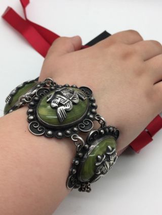 Stunning Vintage Mexico Sterling Silver Green Stone Handcrafted 5 Panel Bracelet
