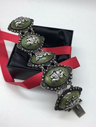 STUNNING VINTAGE MEXICO STERLING SILVER GREEN STONE HANDCRAFTED 5 PANEL BRACELET 4