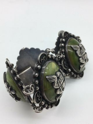 STUNNING VINTAGE MEXICO STERLING SILVER GREEN STONE HANDCRAFTED 5 PANEL BRACELET 7