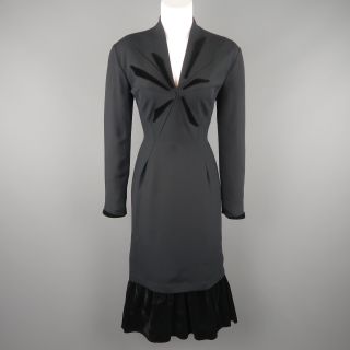 Vintage Thierry Mugler Us 6 / Fr 38 Black Velvet Accent V Neck Long Sleeve Dress