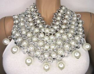 Courreges Creamy White Faux Pearl With Silver Tone Rings Necklace