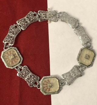 Art Deco Camphor Glass Rhodium Plated Filigree 7.  25 " Bracelet 062319ae@
