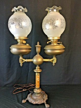 Antique Victorian Double Hurricane Table Lamp Brass & Marble Figural Hands
