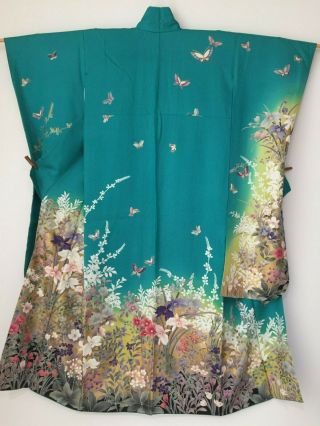 Vintage Japanese Silk Kimono Furisode,  Butterfly,  Green K1400
