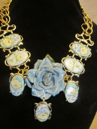 Vintage Porcelain Floral Cameo & Flower Statement Necklace - Repurposed Ooak