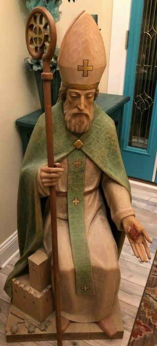 Very Rare Vintage Wood Carved Catholic Church Altar St.  Ambrose Statue Italy 48 "