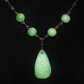 Peking Glass Green Cloudy Art Deco Bead Pendant Necklace Flower Vintage Jade