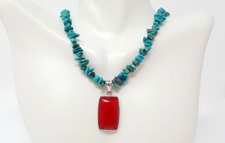 Vintage Sterling Silver Turquoise Red Coral Beaded Necklace