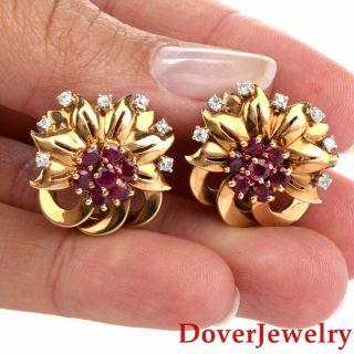 Vintage Retro Diamond Ruby 18k Yellow Gold Cluster Floral Earrings 12.  8 Grams Nr