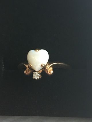 Antique 14k Yellow Gold Heart Shape Opal & Diamond Ring