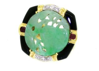 Vintage Heavy 18k Gold Diamond Ruby Onyx Jumbo Carved Jade Cocktail Ring Size 8
