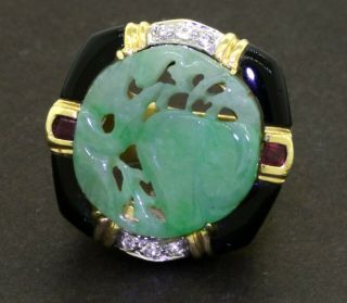 Vintage heavy 18k gold diamond ruby onyx jumbo carved jade cocktail ring size 8 2