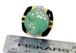 Vintage heavy 18k gold diamond ruby onyx jumbo carved jade cocktail ring size 8 3