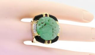 Vintage heavy 18k gold diamond ruby onyx jumbo carved jade cocktail ring size 8 6