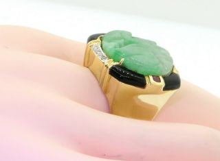 Vintage heavy 18k gold diamond ruby onyx jumbo carved jade cocktail ring size 8 7