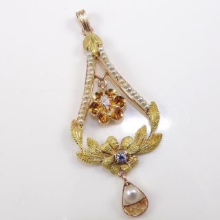 Vintage Antique 10k Yellow Gold Victorian Diamond Pearl Flower Pendant Ldi6