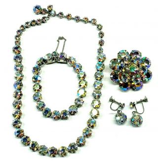 Vintage Weiss Ab Rhinestone Necklace Bracelet Brooch Earrings Set