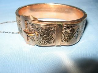 Victorian Antique Gold Tone Metal Embossed Belt Buckle Hinged Bangle 1 " Wide