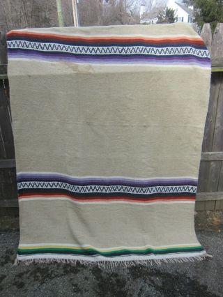 Vntg Mexican Saltillo Serape Falsa Blanket / Rug Tan & Multicolored Wool 84 X 53