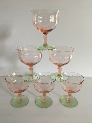 Vtg Etched Optic Watermelon Pink And Green Dessert / Champagne Glasses Set Of 6