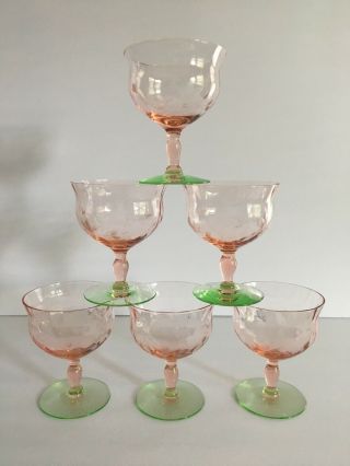 VTG Etched Optic Watermelon Pink and Green Dessert / Champagne Glasses Set of 6 2