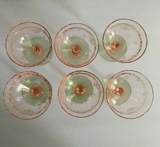 VTG Etched Optic Watermelon Pink and Green Dessert / Champagne Glasses Set of 6 5