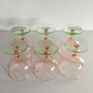 VTG Etched Optic Watermelon Pink and Green Dessert / Champagne Glasses Set of 6 6