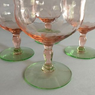 VTG Etched Optic Watermelon Pink and Green Dessert / Champagne Glasses Set of 6 8