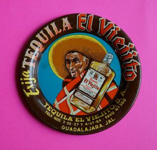 Mexican Vintage Tip Tin Tray Tequila El Viejito Guadalajara Jalisco 1950s