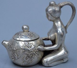 Collectable Handwork Old Exorcism Miao Silver Carve Sexy Belle Hold Pot Tea Pot