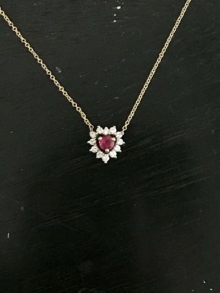 Vtg 14k Gold Necklace Heart Pendant & Chain W/ Diamonds And Ruby