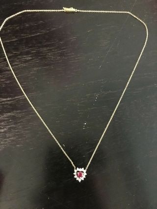 Vtg 14k Gold Necklace Heart Pendant & Chain w/ Diamonds And Ruby 4