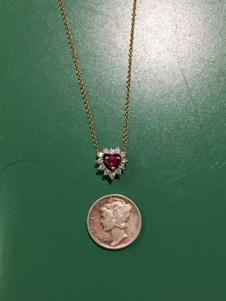 Vtg 14k Gold Necklace Heart Pendant & Chain w/ Diamonds And Ruby 5