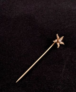 VINTAGE ART NOUVEAU 14K YELLOW GOLD STICK PIN: SEED PEARL & DIAMOND STAR,  SIGNED 3