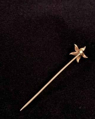 VINTAGE ART NOUVEAU 14K YELLOW GOLD STICK PIN: SEED PEARL & DIAMOND STAR,  SIGNED 4