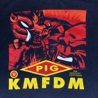 Vintage 90s Pig KMFDM Long Sleeve Tour Shirt Size XL Black Red Yellow Cotton 2