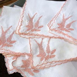 Vintage Marghab Madeira Embroidery Delphinium Pink Flowers Napkins 12 Pc Set 697