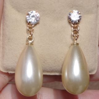 VINTAGE GORGEOUS 14K LARGE GOLDEN TEAR DROP MAJORCA SHINY PEARL EARRINGS JACKETS 4