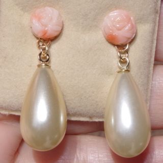 VINTAGE GORGEOUS 14K LARGE GOLDEN TEAR DROP MAJORCA SHINY PEARL EARRINGS JACKETS 5